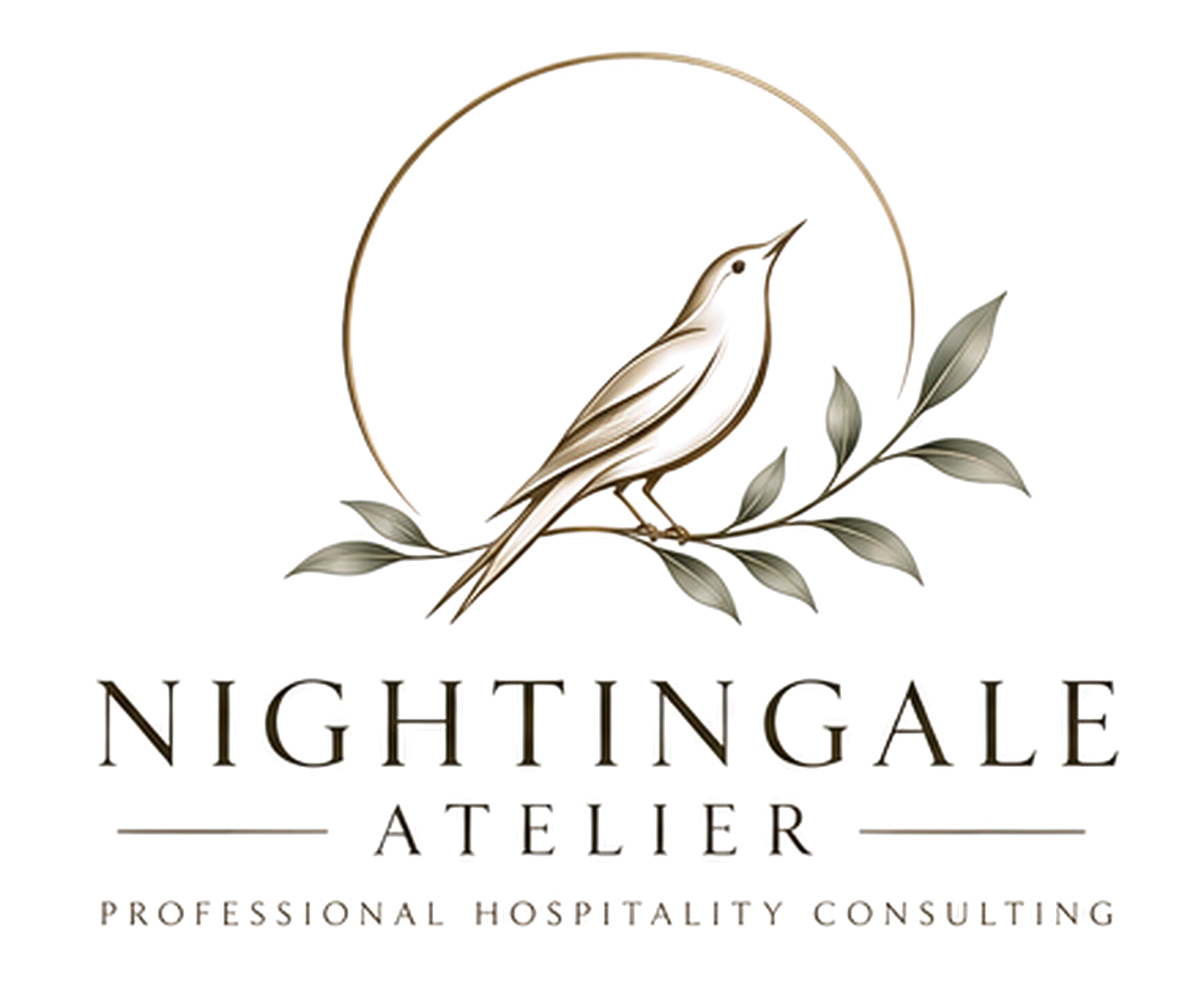 Nightingale Atelier, Professional Hospitality Consulting. A nightingale on an olive branch beneath a golden ring.